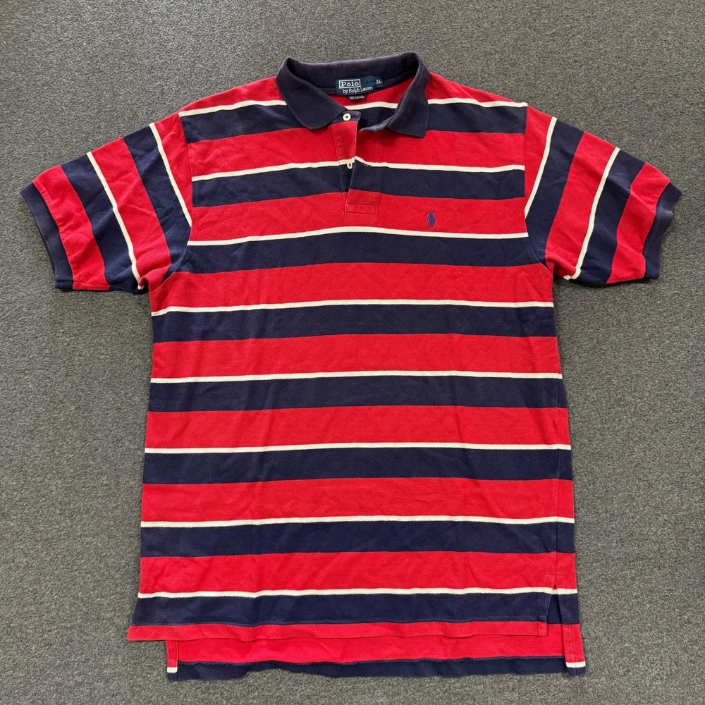 Vintage Polo Ralph Lauren Striped Polo Shirt Mens XL Red Blue Good Short Sleeve